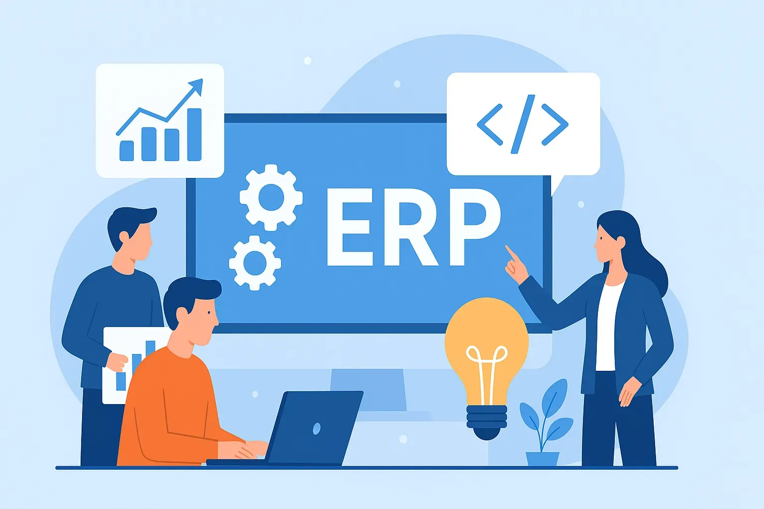 Ilustrasi modern tim pengembang perangkat lunak yang berkolaborasi dalam pengembangan sistem ERP (Enterprise Resource Planning). Terlihat orang-orang bekerja dengan laptop dan berdiskusi tentang data serta kode, dikelilingi ikon roda gigi, grafik, dan bola lampu yang melambangkan inovasi serta transformasi digital.